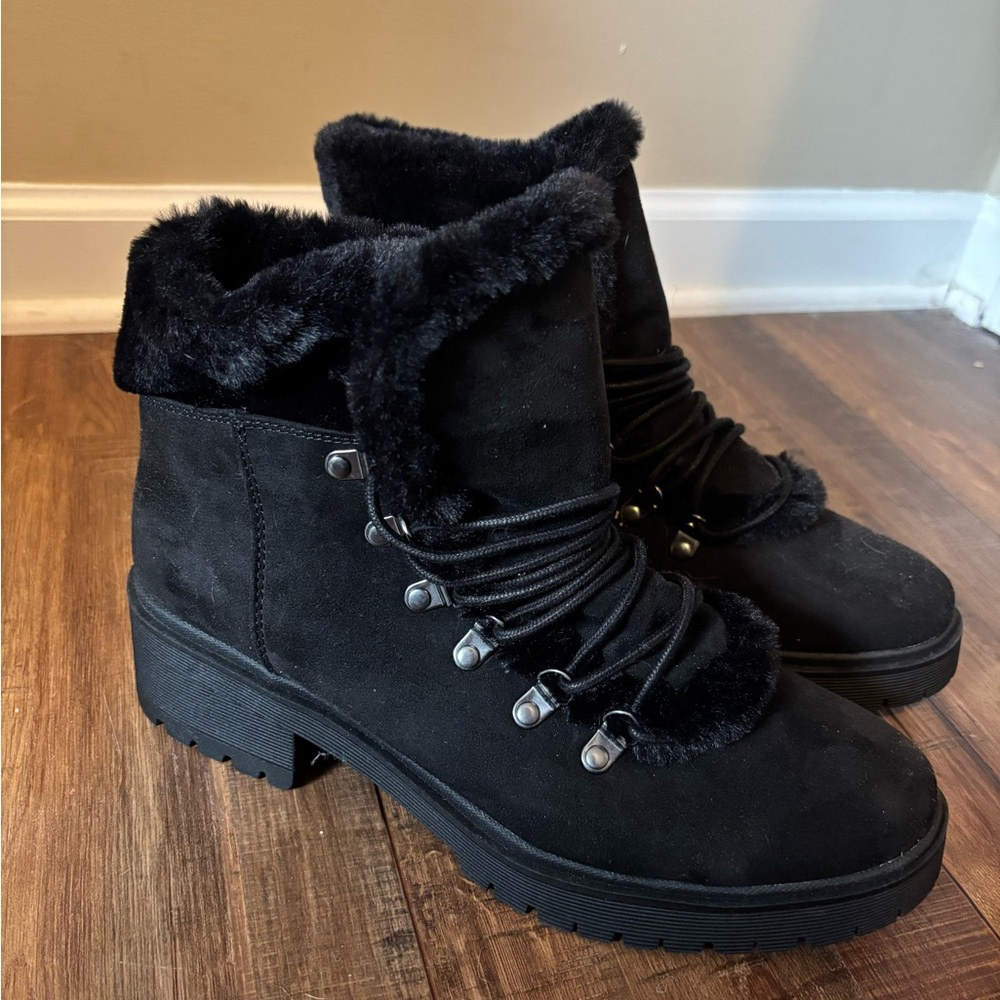 A New Day Women's Betsy Faux Fur, Lace Up Boots Black